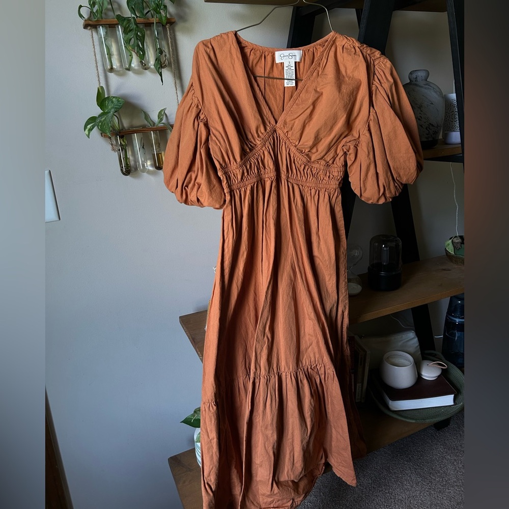 Jessica Simpson Orange Ruched Puff Sleeve Midi Dress